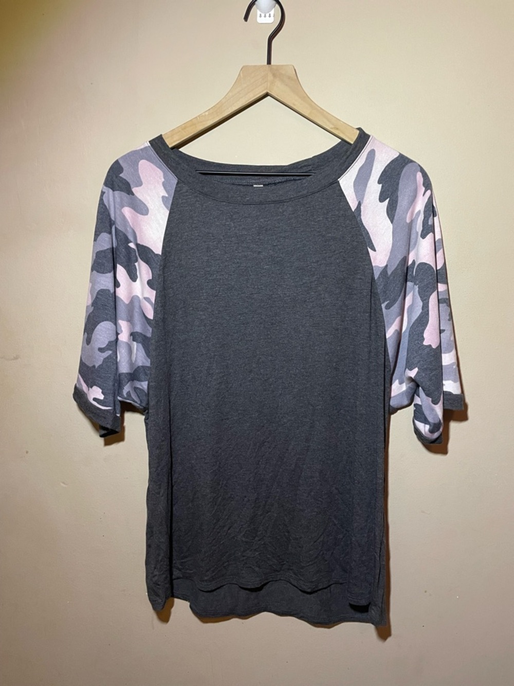 Celeste Charcoal Tee with Pink & Gray Camo Raglan Sleeves